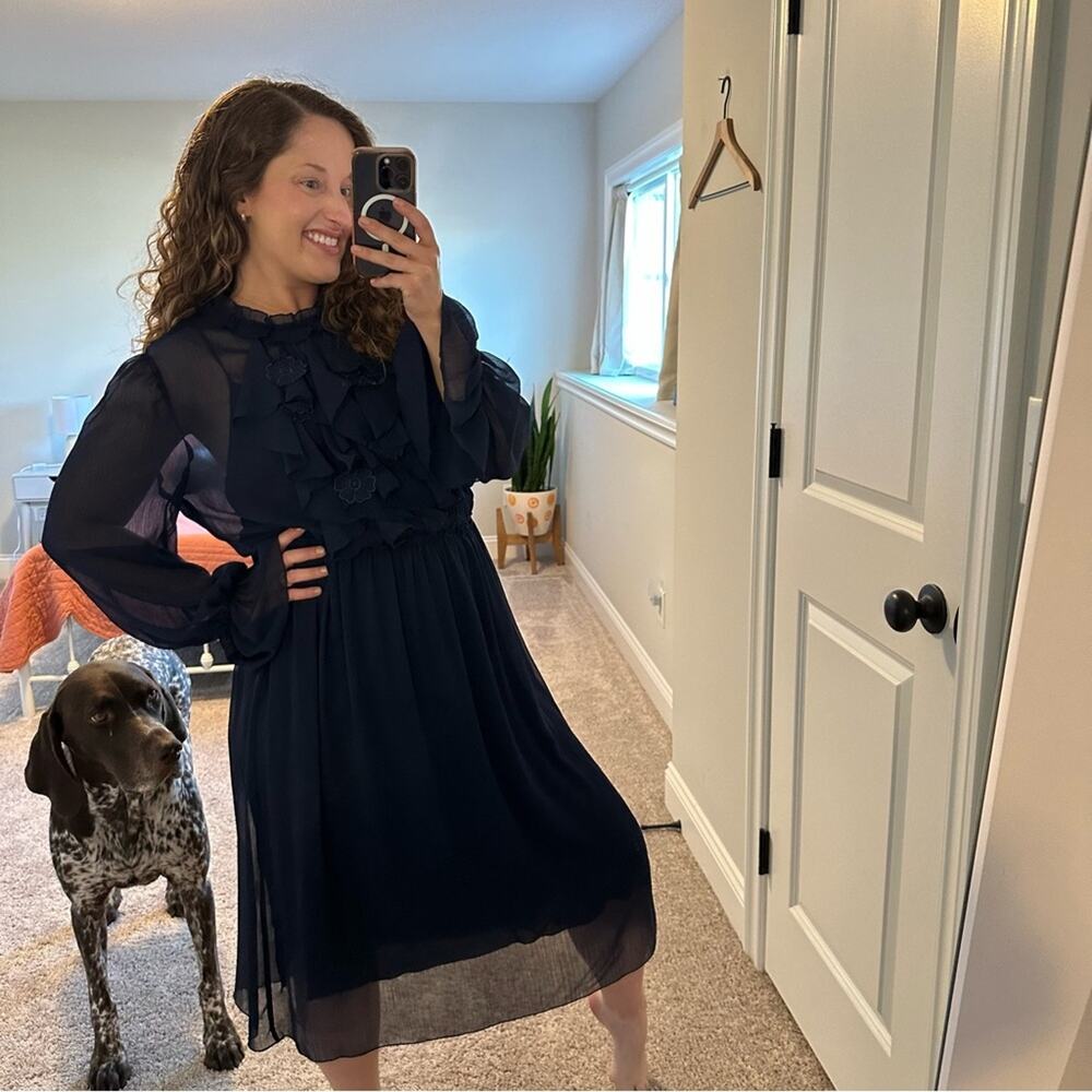 See By Chloe Navy Blue Long Sleeve Floral MIDI Dress Medium - Picture 3 of 16